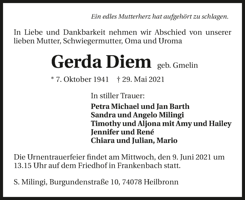  Traueranzeige für Gerda Diem vom 05.06.2021 aus GESAMT