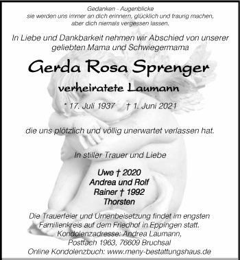Traueranzeige von Gerda Rosa Sprenger von GESAMT