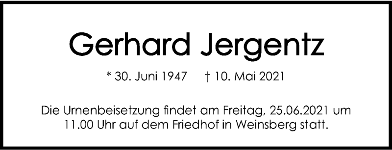  Traueranzeige für Gerhard Jergentz vom 19.06.2021 aus GESAMT