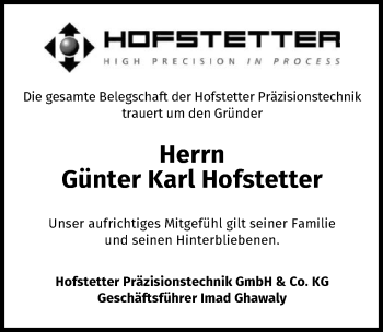Traueranzeige von Günter Karl Hofstetter von GESAMT