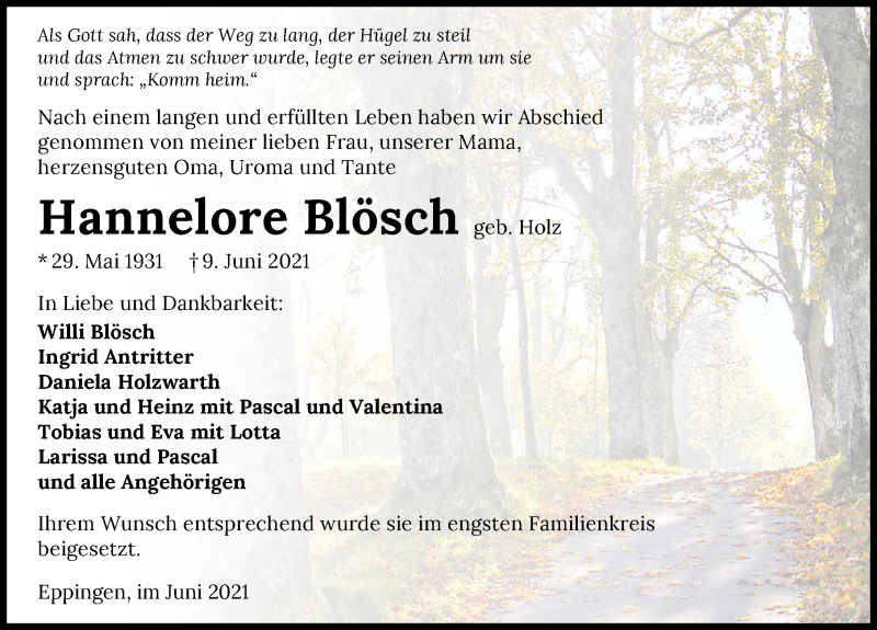  Traueranzeige für Hannelore Blösch vom 19.06.2021 aus GESAMT