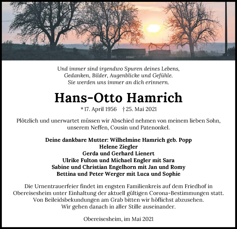  Traueranzeige für Hans-Otto Hamrich vom 04.06.2021 aus GESAMT