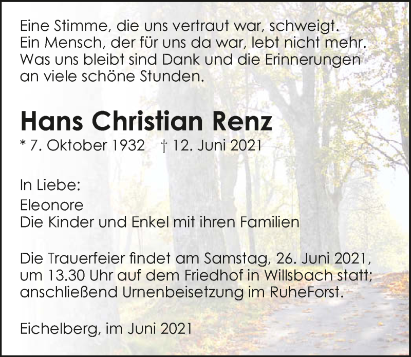  Traueranzeige für Hans Christian Renz vom 19.06.2021 aus GESAMT