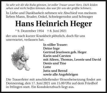 Traueranzeige von Hans Heinrich Heger von GESAMT