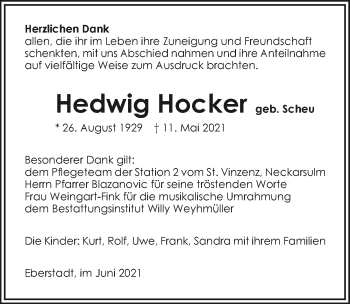 Traueranzeige von Hedwig Hocker von GESAMT