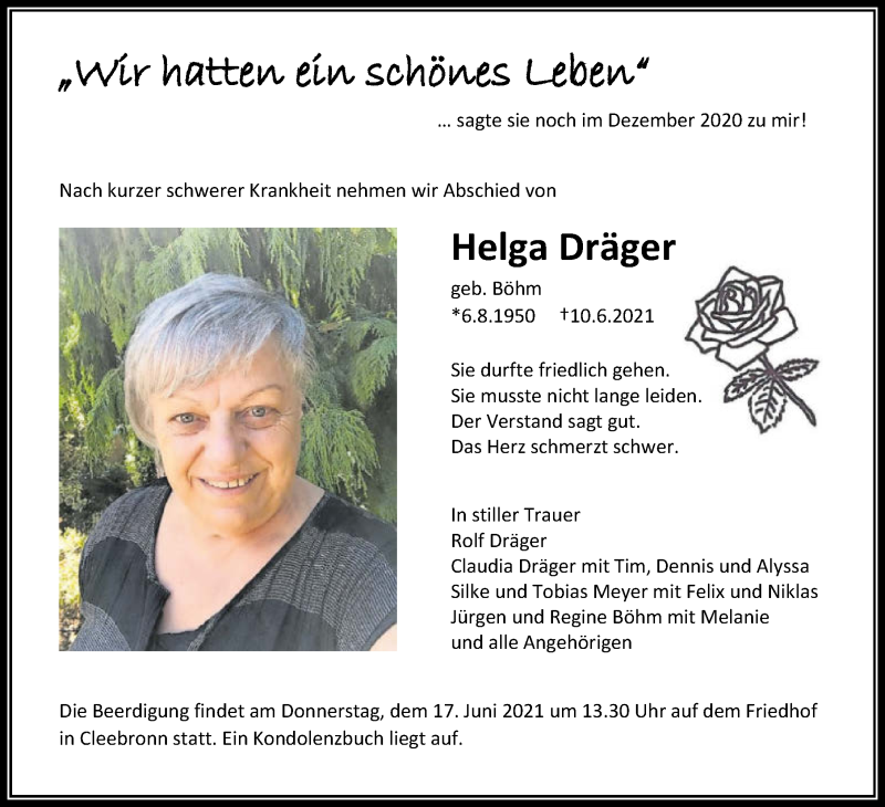  Traueranzeige für Helga Dräger vom 15.06.2021 aus GESAMT