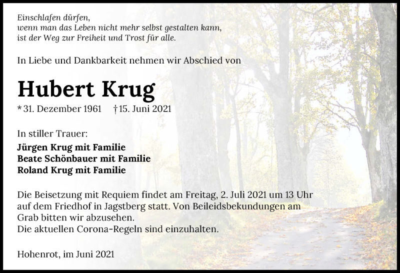  Traueranzeige für Hubert Krug vom 29.06.2021 aus GESAMT