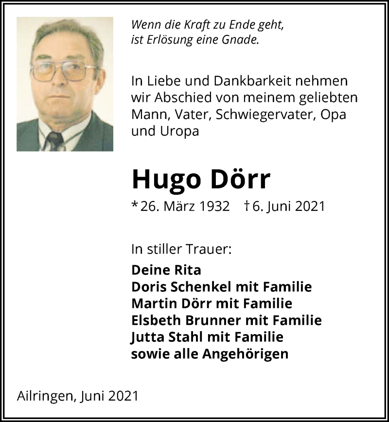  Traueranzeige für Hugo Dörr vom 08.06.2021 aus GESAMT