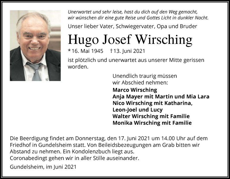  Traueranzeige für Hugo Josef Wirsching vom 16.06.2021 aus GESAMT