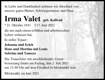 Traueranzeige von Irma Valet von GESAMT