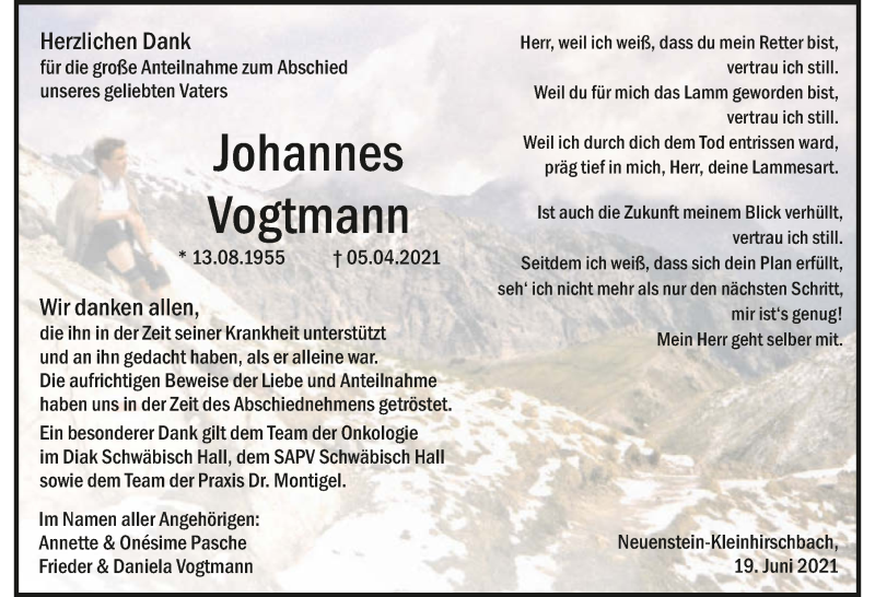  Traueranzeige für Johannes Vogtmann vom 19.06.2021 aus GESAMT