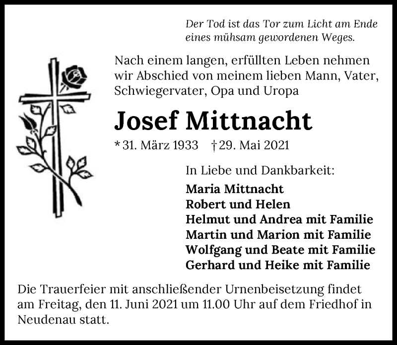 Traueranzeige für Josef Mittnacht vom 09.06.2021 aus GESAMT