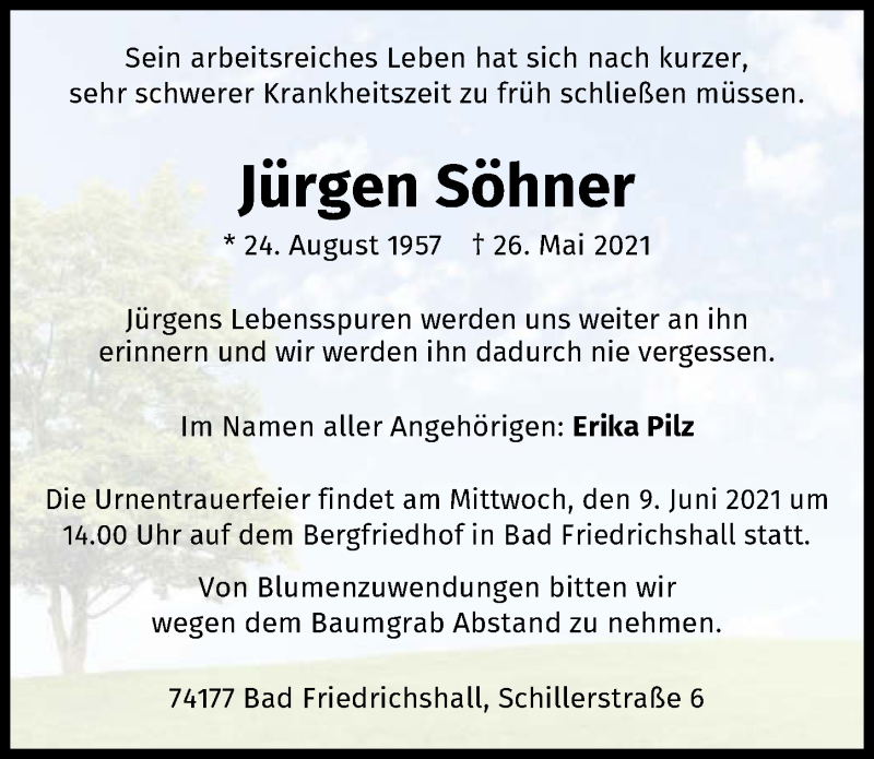  Traueranzeige für Jürgen Söhner vom 05.06.2021 aus GESAMT