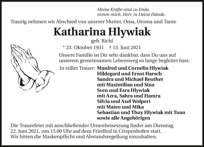  Traueranzeige für Katharina Hlywiak vom 18.06.2021 aus GESAMT
