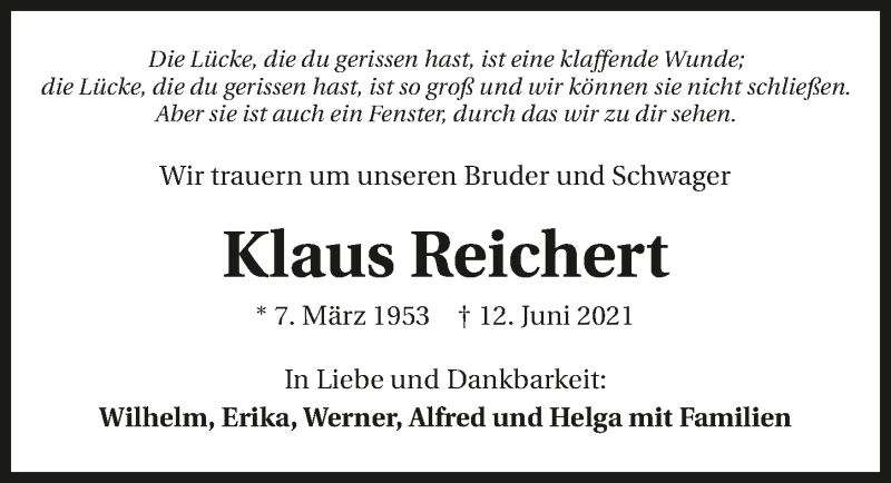  Traueranzeige für Klaus Reichert vom 19.06.2021 aus GESAMT