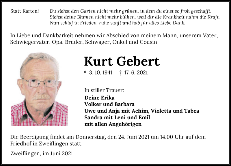  Traueranzeige für Kurt Gebert vom 22.06.2021 aus GESAMT