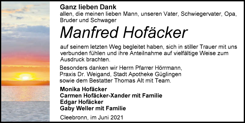  Traueranzeige für Manfred Hofäcker vom 19.06.2021 aus GESAMT