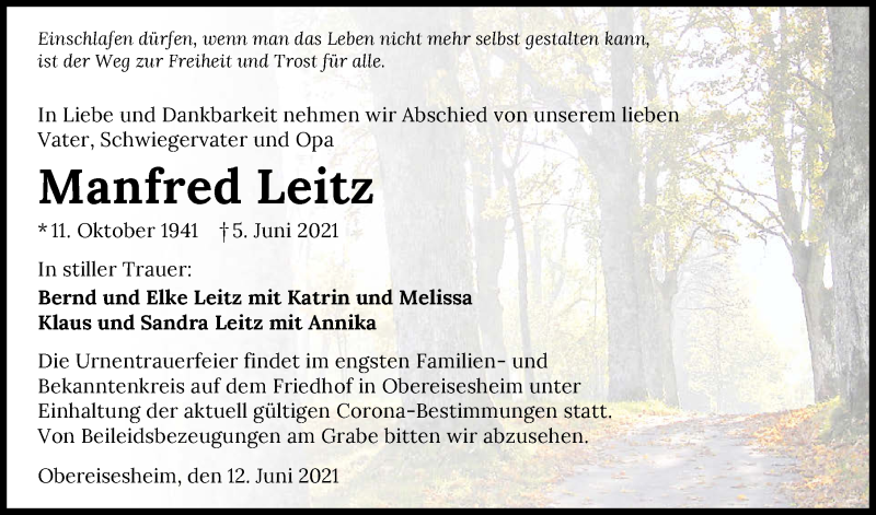  Traueranzeige für Manfred Leitz vom 12.06.2021 aus GESAMT