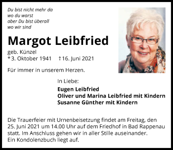 Traueranzeige von Margot Leibfried von GESAMT