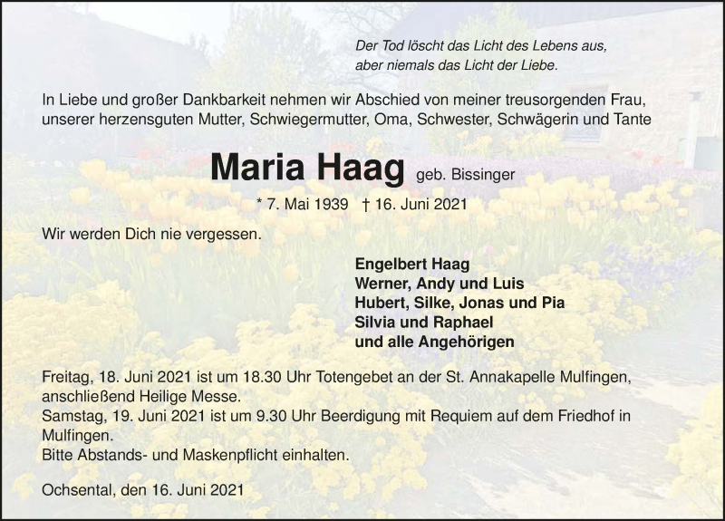  Traueranzeige für Maria Haag vom 18.06.2021 aus GESAMT