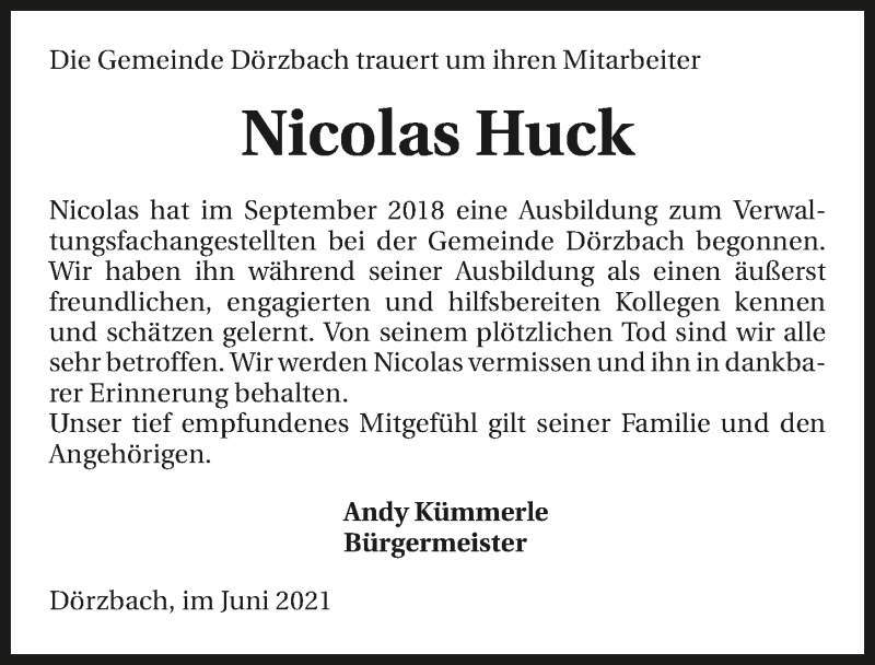  Traueranzeige für Nicolas Huck vom 17.06.2021 aus GESAMT