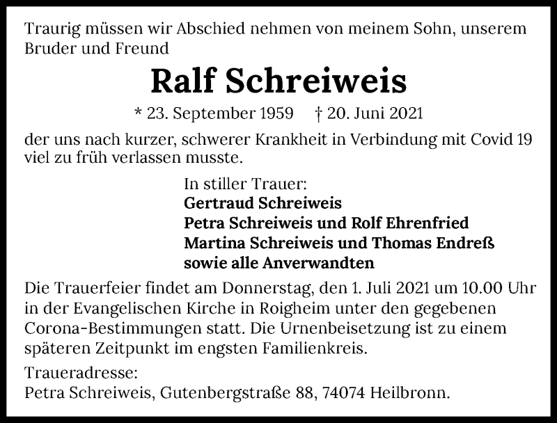  Traueranzeige für Ralf Schreiweis vom 29.06.2021 aus GESAMT