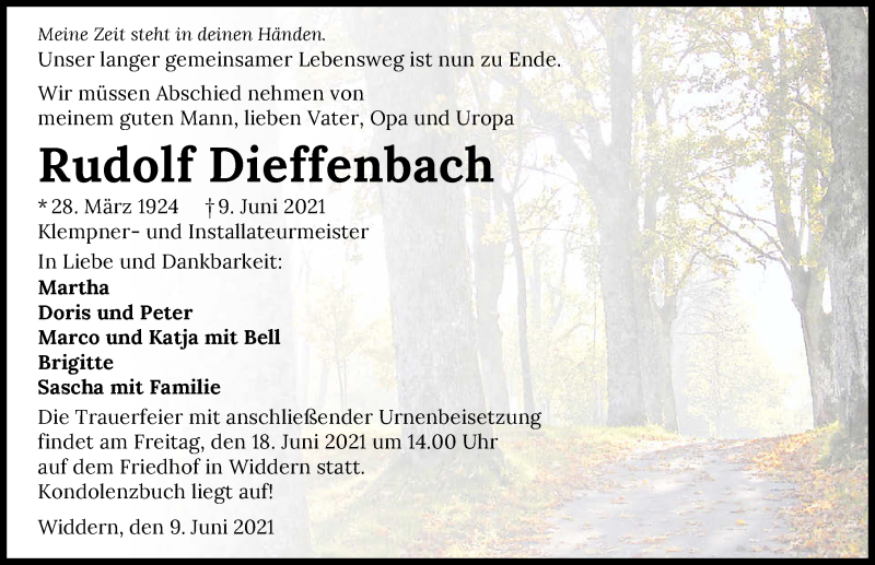  Traueranzeige für Rudolf Dieffenbach vom 15.06.2021 aus GESAMT
