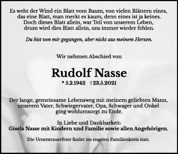 Traueranzeige von Rudolf Nasse von GESAMT