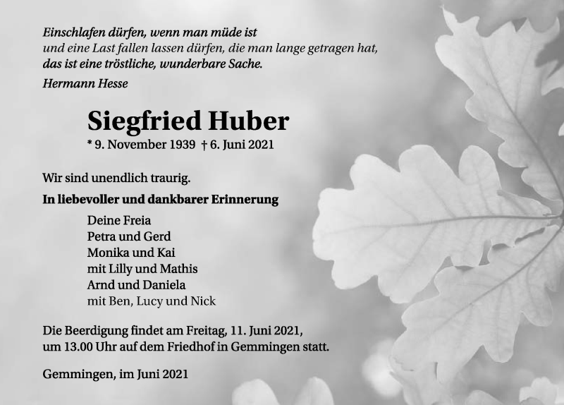  Traueranzeige für Siegfried Huber vom 09.06.2021 aus GESAMT
