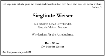 Traueranzeige von Sieglinde Weiser von GESAMT