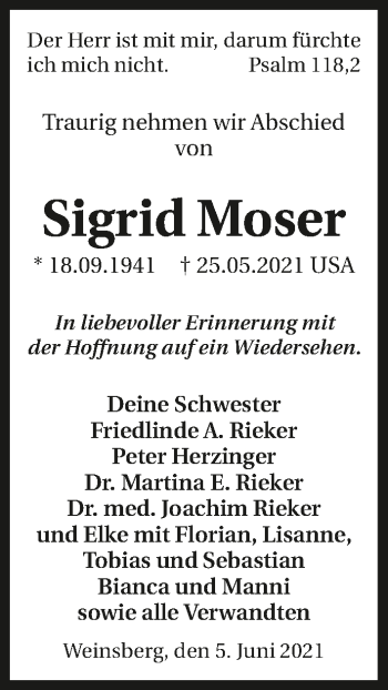 Traueranzeige von Sigrid Moser von GESAMT
