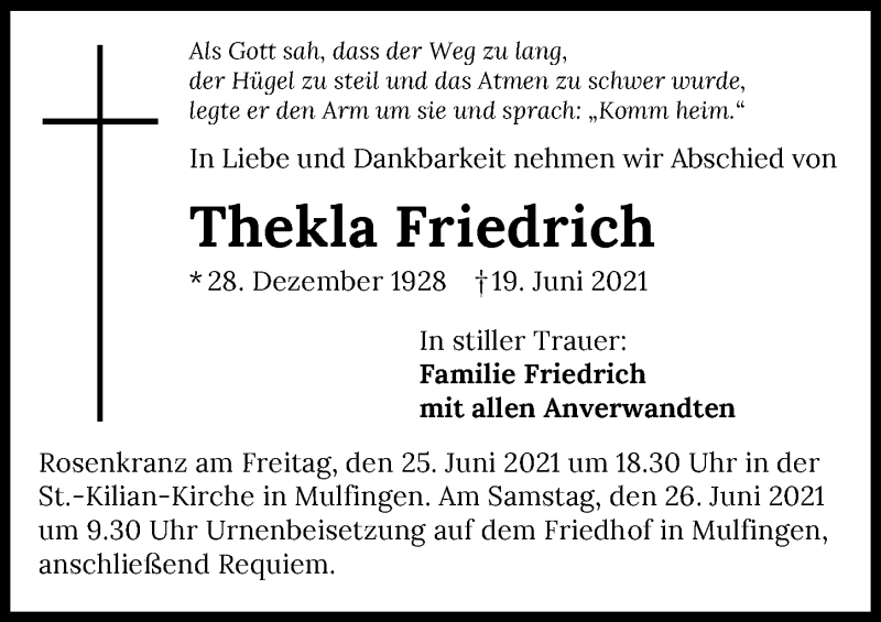  Traueranzeige für Thekla Friedrich vom 23.06.2021 aus GESAMT