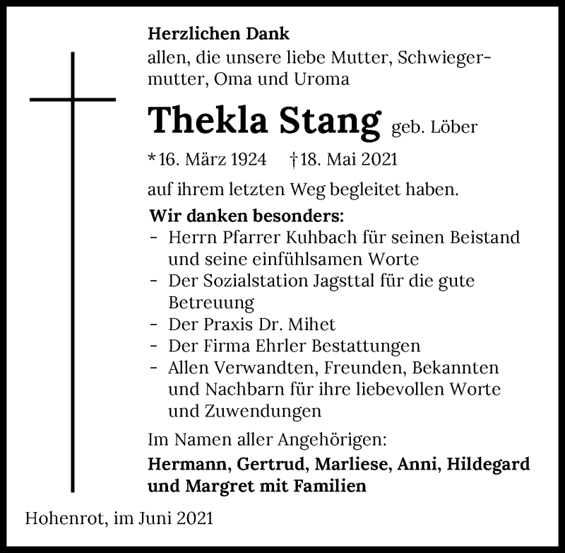  Traueranzeige für Thekla Stang vom 05.06.2021 aus GESAMT
