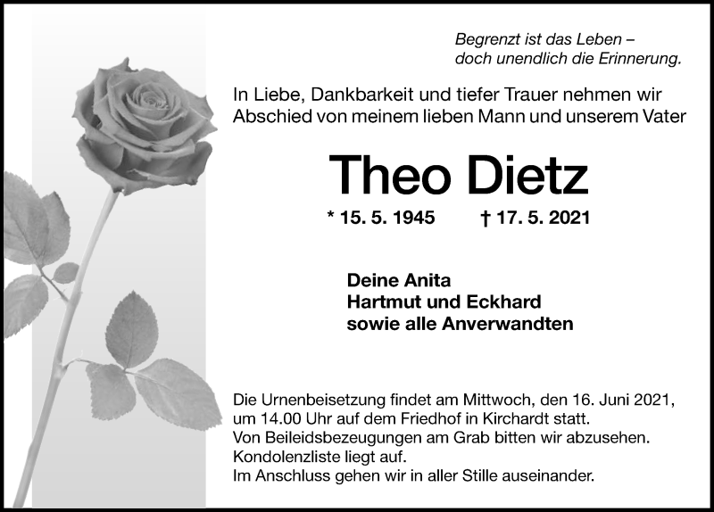  Traueranzeige für Theo Dietz vom 12.06.2021 aus GESAMT