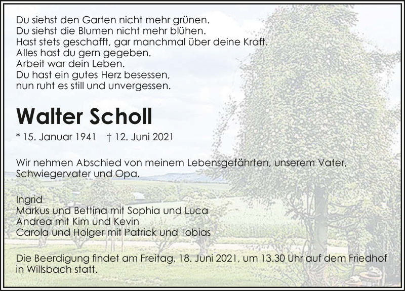  Traueranzeige für Walter Scholl vom 15.06.2021 aus GESAMT