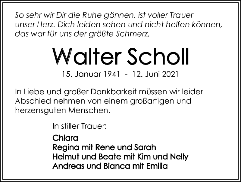  Traueranzeige für Walter Scholl vom 16.06.2021 aus GESAMT