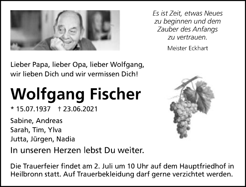  Traueranzeige für Wolfgang Fischer vom 28.06.2021 aus GESAMT
