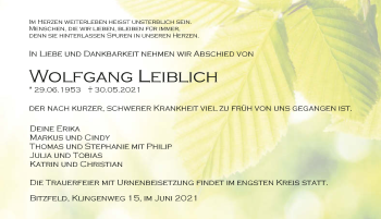 Traueranzeige von Wolfgang Leiblich von GESAMT