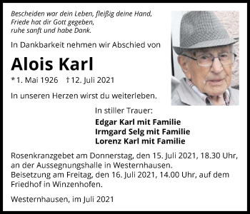 Traueranzeige von Alois Karl von GESAMT