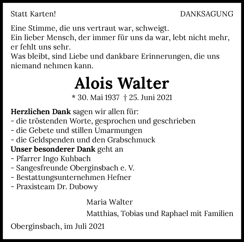  Traueranzeige für Alois Walter vom 17.07.2021 aus GESAMT