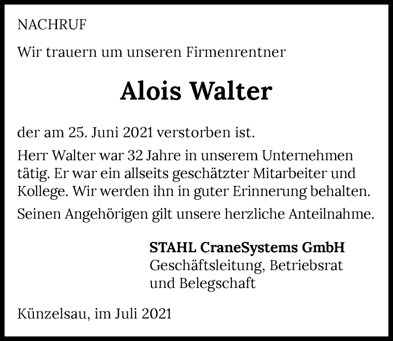  Traueranzeige für Alois Walter vom 06.07.2021 aus GESAMT