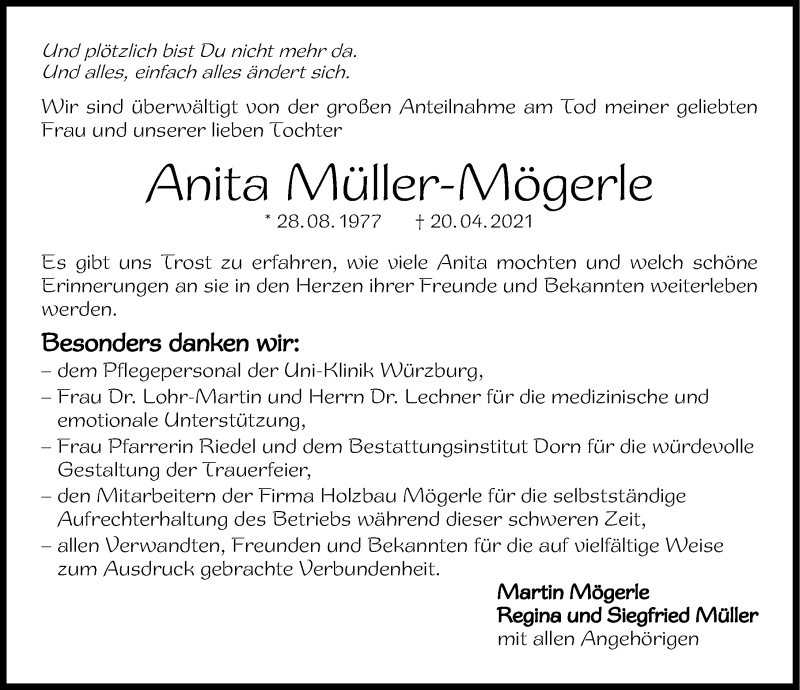  Traueranzeige für Anita Müller-Mögerle vom 22.05.2021 aus GESAMT