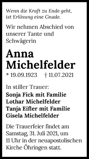 Traueranzeige von Anna Michelfelder von GESAMT