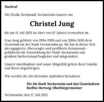 Traueranzeige von Christel Jung von GESAMT