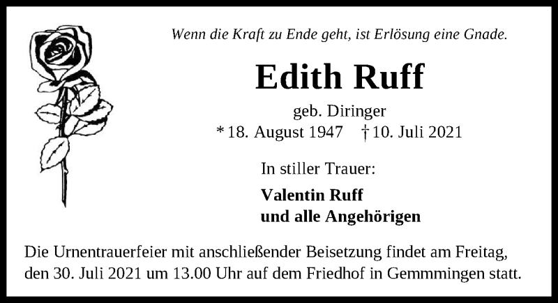  Traueranzeige für Edith Ruff vom 24.07.2021 aus GESAMT