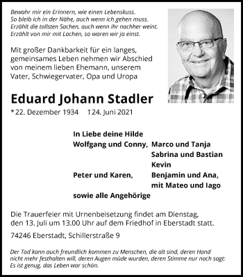 Traueranzeige von Eduard Stadler von GESAMT