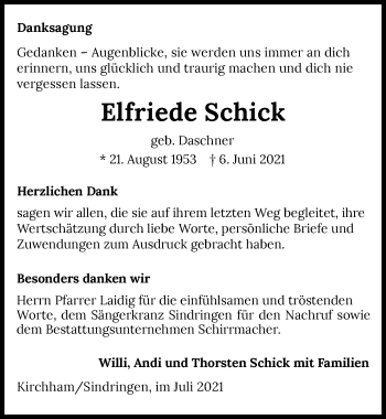 Traueranzeige von Elfriede  Schick von GESAMT