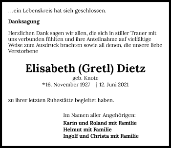 Traueranzeige von Elisabeth Dietz von GESAMT