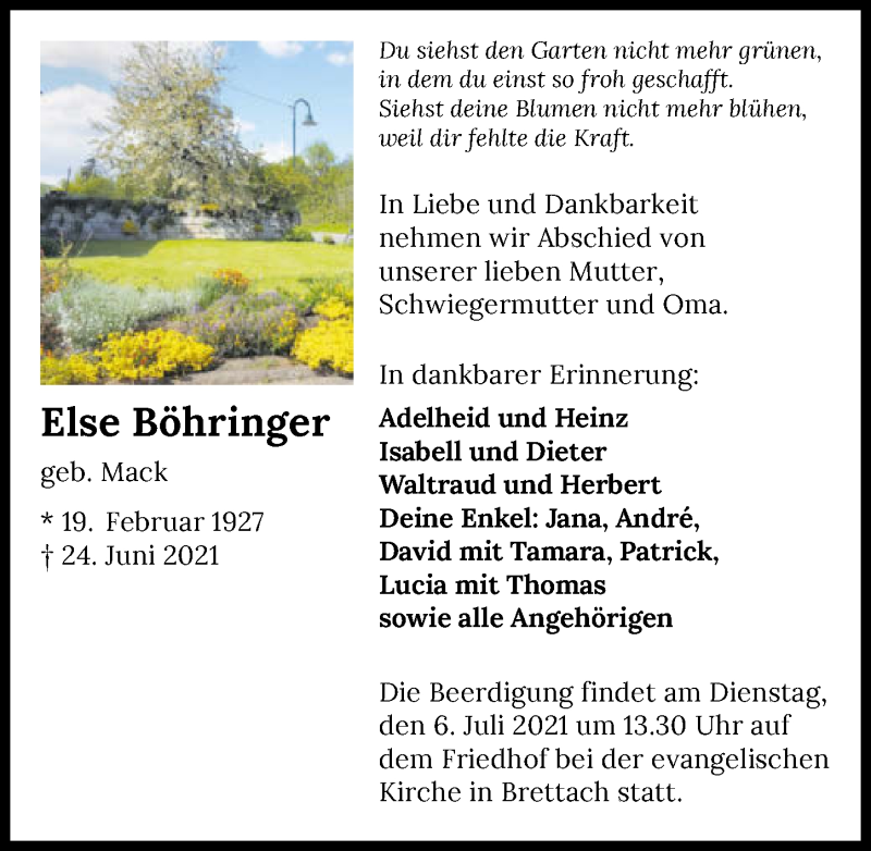  Traueranzeige für Else Böhringer vom 03.07.2021 aus GESAMT
