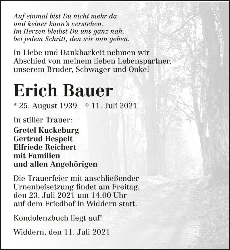  Traueranzeige für Erich Bauer vom 20.07.2021 aus GESAMT